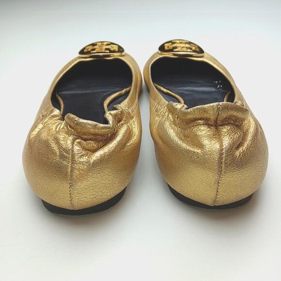 Tory Burch Logo Spark Gold Leather Minnie Travel Ballet Flats Size 5.5M - Picture 11 of 13
